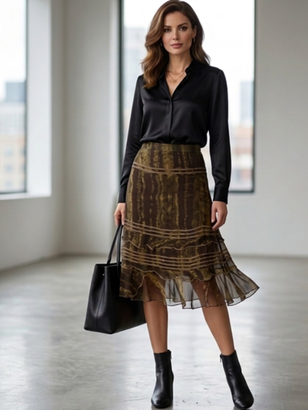 Luisa Cerano Brown Silk Chiffon Ruffle Skirt